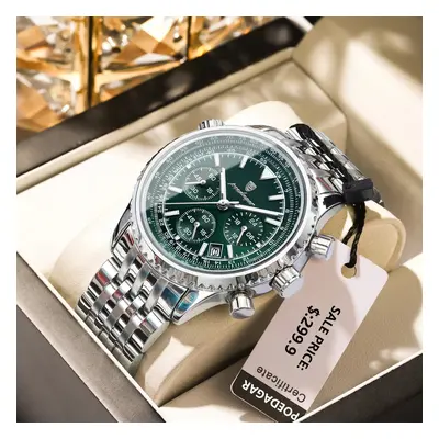 (960 Silver Green) Mens Military Watch Waterproof Luminous Chronograph Stainless Steel Wristwatc