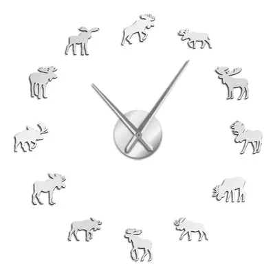 (Silver) Inch Wildlife Moose DIY Giant Wall Clock Moose Silhouette Decorative Frameless Wall Wat