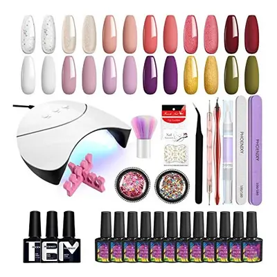 Gel Nail Polish Kit with 36W UV LED Nail Lamp, Phoenixy Colours Gel Nail Kit Base Glossy Matte T