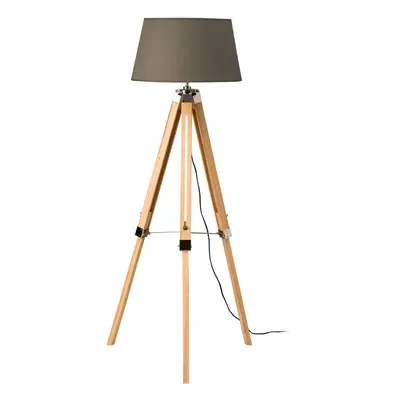 Premier Housewares Tripod Floor Lamp Pale Wood And Grey Fabric Shade With Natural Wooden Base Fr