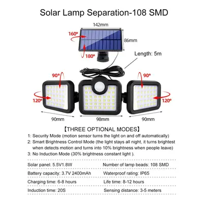 (108SMD - B) Solar Lights Outdoor 171COB 108/122/138LEDs Motion Sensor Light Head Remote Control