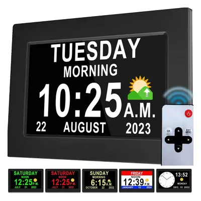 (7 inch, Black) Newest,Dementia Clock 2.0 with Auto DST, Custom Reminders, Day Clock with Sun/Mo