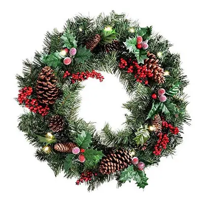 Vacclo Natural Pine Cone and Berry Decorated Pre-Lit Wreath Christmas Decoration Illuminated wit