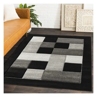 (BLACK / GREY, cm x cm) Geometric checks living room rug Beige Grey Mat