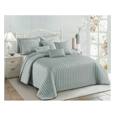 (Silver, Double) Bedspread Quilted Bed Throw Pom Pom Bedding Pillow Shams Single Double King Siz