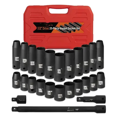 (25PCS) 1/2-Inch,25 PCS Drive Master Deep Impact Socket Set 10mm - 24mm, CR-V with 3pcs Drive Im