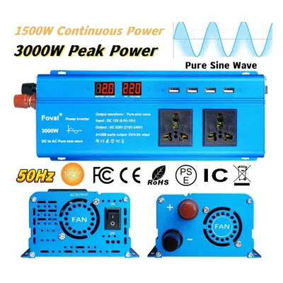 (blue, 12V 220V Universal 50Hz) 3000w (peak) 12v To 220v 1500w Rated Power Pure Sine Wave Invert