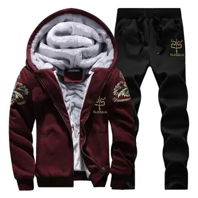 (red, XXL) Thick Tracksuit Men Autumn Winter Warm Casual Men&apos;s Set Printing Hooded Jacket +