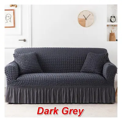 (dark grey, Four persons 235-300cm) Ruffled Seersucker Sofa Cover For Living Room Thick Elastic 