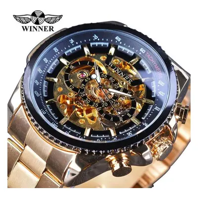 (black,gold, 46mm) Skeleton Sports Automatic Stainless Steel Bracelet Chinese Mechanical Wrist W