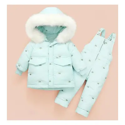 (green, 100cm) Thickened Children&apos;s Down Jacket Set With Two-piece Suspenders And Fur Colla