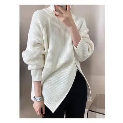 (beige, One Size) Women&apos;s Turtleneck Zipper Design Oversized Sweater Gray White Black High 