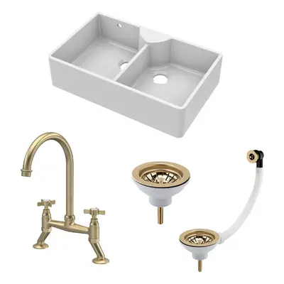 Fireclay Kitchen Bundle - Double Bowl Stepped Weir Butler Sink, Wastes & Bridge Crosshead Tap, 8