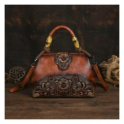 (brown) Ladies Luxury Handbag New Vintage Handmade Leather Carved Women Tote Bag Versatile Femal