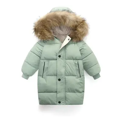 (green, 130cm) Big Fur Collar Children&apos;s Down Jacket Boy&apos;s Cotton Coat Mid-length Girl