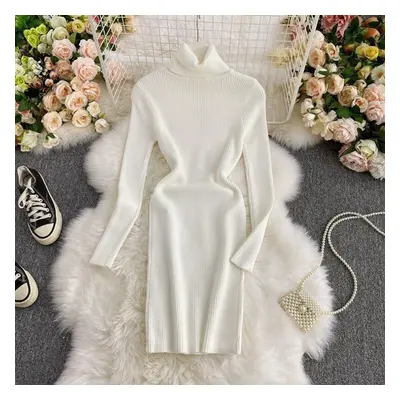 (white, One Size) New Autumn Winter Women&apos;s Dress Temperament Solid Color Thicken Knit Dres