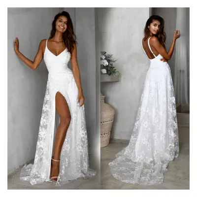 (white, M) Elegant Lace Dress Suspender Dress Sexy V-neck Prom Dress Wedding Dress For Bride