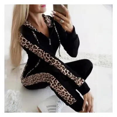 (black, XL) Fall And Winter New Women&apos;s Leopard Print Zipper Sweater Pants Plus Size Suit