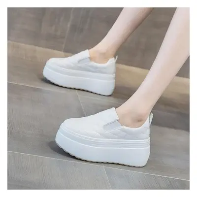 (white, 39) Fujin 8cm Sewing Genuine Leather Platform Wedge Female Women Sneakers Chunky Spring 