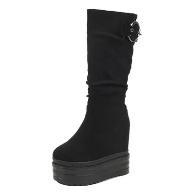 (black, 34) Gdgydh Thick Sole Height Increased Tube Boots Women Fashion Buckle Strap European An