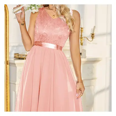 (pink, M) Retro Cocktail Dresses For Women Floral Lace Chiffon Sleeveless Ribbon Tie Bridesmaid 