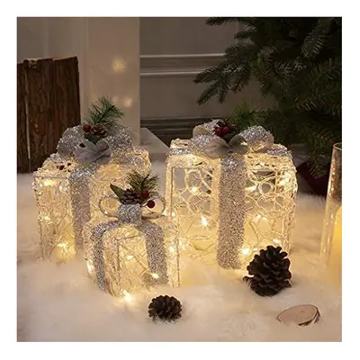 EAMBRITE 3PK Light up Present Boxes Silver Gift Boxes with Warm White Lights Plug in for Christm