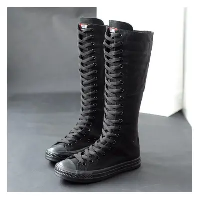 (black, 37) Autumn Women Shoes Canvas Casual High Top Shoes Long Boots Lace-up Zipper Comfortabl