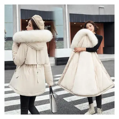 (white, XXL) Women&apos;s Winter Plus Velvet Large Fur Collar Slim Slimming Mid-length Cotton Ja