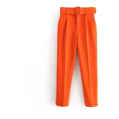 (orange, S) Pants Suit Women High Waist Sashes Pockets Middle Aged Long Pant