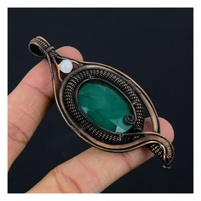 (green, 3.54 Inches) Emerald, Moonstone Gemstone Pure Copper Wire Wrapped Designer Handmade Pend