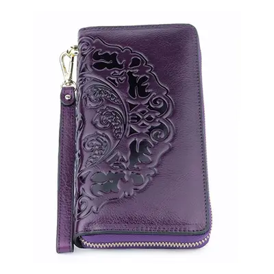 (purple) Luxurious Women Wallet 100% Genuine Oil Waxing Leather Flower Large Capacity Long Ladie