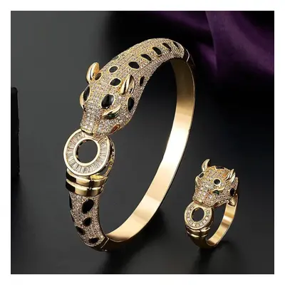 (003 gold ring 7) Zlxgirl Jewelry Jet Cubic Zircon Leopard Animal Bridal Bangle Jewelry Europe D