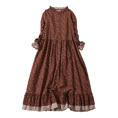 (orange, One Size) Mori Girl Autumn Spring Women Loose Long Dress Ruffled Collar Floral Cottagec