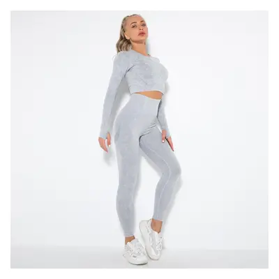 (light grey, L) Women Seamless Washed Peach Hip Lifting Sports Running Fitness O Neck Long Sleev