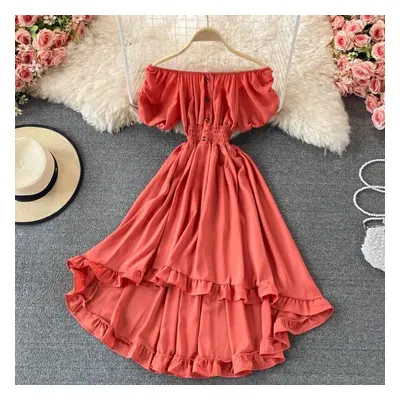 (orange, One Size) Solid Red Summer Woman Dress Off Shoulder Sheath Korean Casual Dresses For Wo