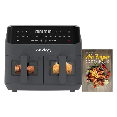 (9 Litres, Grey) Double Air Fryer - 9L - x 4.5L separate cooking zones with illuminated glass fr