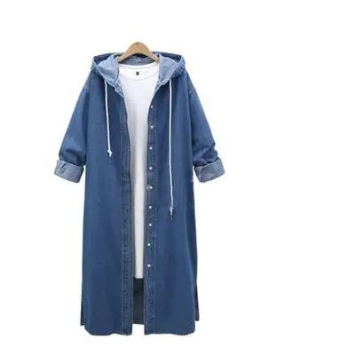 (L, Blue) New Spring Autumn Hooded Solid Long Sleeves Denim Women Coat High