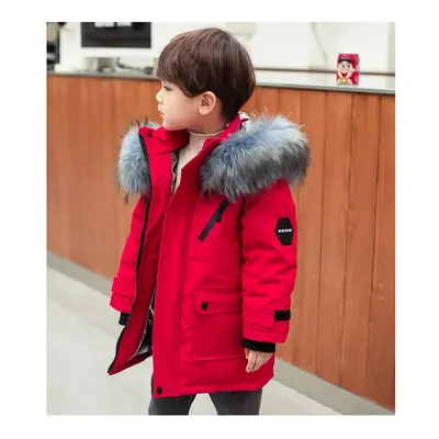 (Red, 9-10yrs) Children Winter Down Jacket Boy toddler girl clothes Thick Warm Hooded faux fur C