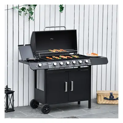 Outsunny 6+1 Burner Gas BBQ Grill Garden Barbecue with Wheels, Cabinet Grey