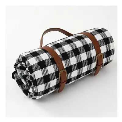 (Black and White grid, 200x200) Thicken Leather Plaid Picnic Mat Foldable Camping Mat Waterproof