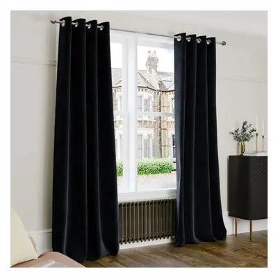 (Black , 66" x 90" (168cm x 228cm)) Thick Heavy Velvet Curtain PAIR Eyelet Ring Top Fully Lined 