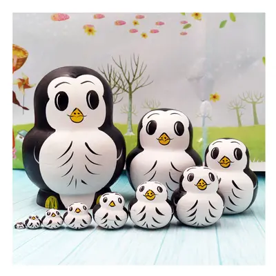 (Penguin) 10Pcs/Set Cute Cartoon Russian Nesting Dolls Wooden Handmade Toy