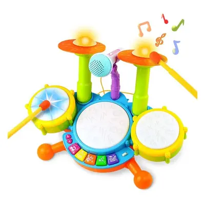 deAO Beginners Musical Table Top Drum Kit Play Set with Drum Sticks, Microphone, Light Features,