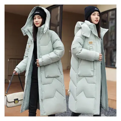 (green, L) Autumn Winter Thicken Warm Long Hooded Parka Women Casual Solid Color Big Pocket Loos