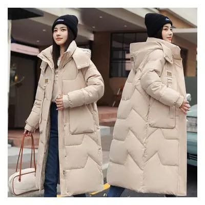 (beige, XL) Autumn Winter Thicken Warm Long Hooded Parka Women Casual Solid Color Big Pocket Loo