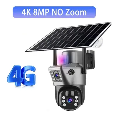 (4K Cam No Zoom) Solar Camera 4g Sim Card Outdoor Surveillance 6k Three Lens Digital Zoom Wirele