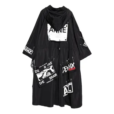 (black, One Size) Spliced Plus Size Black Trench For Women Tide Long Print Streetwear Hoodie Cas