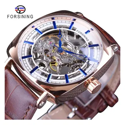 (white,blue) Forsining Leather Strip Luxury Gold Clock Transparent Skeleton Men Automatic Mechan