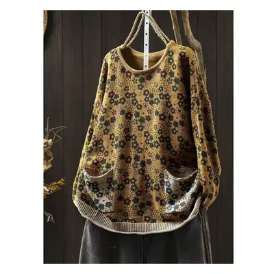 (One Size, yellow) Johnature Woman Autumn Chinese Style Vintage Print O-neck Loose Sweater Fashi