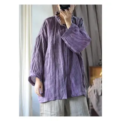 (One Size, purple) Johnature Linen Retro Irregular Vintage Style Shirt Autumn Woman Long Sleeves